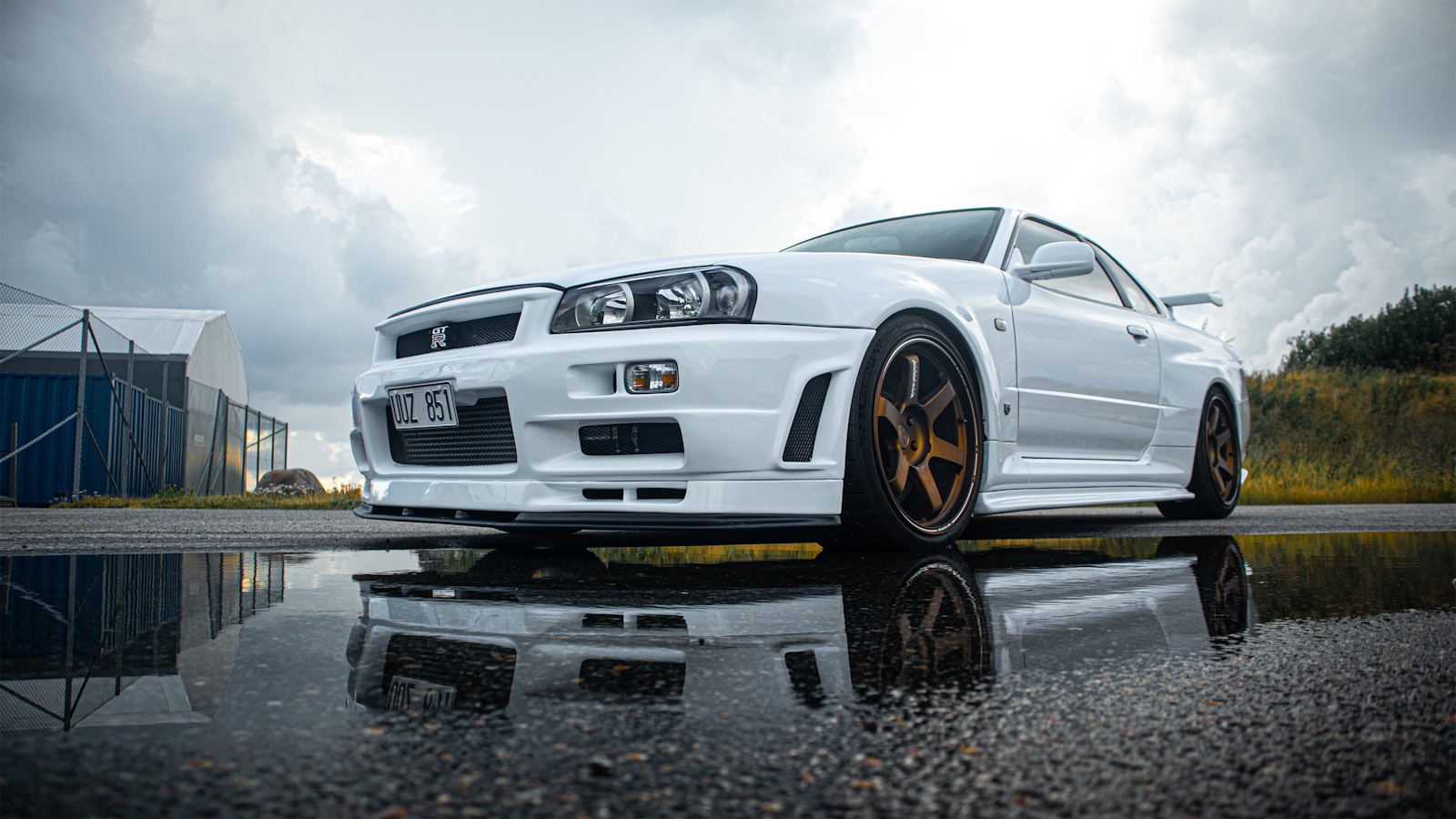 A grey Nissan R35 GT-R photographed at a dealer lot